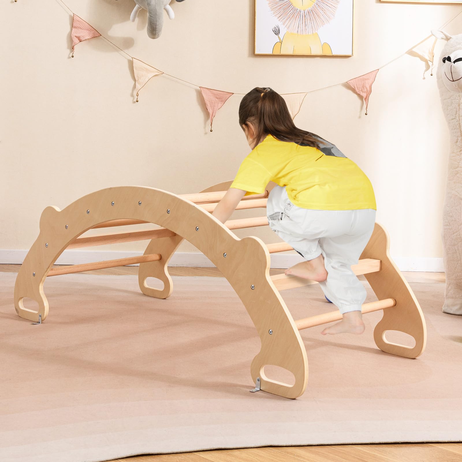 COSTWAY Arco de Escalada para Niños Montessori, 4 en 1 Juguetes de Escalada de Madera, Juego de Interior con Escalador de Arco, Balancín, Túnel para Gatear, Respaldo y Asiento Lisos (Natural)