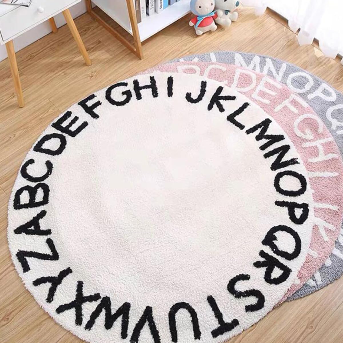 Tapis Rond Garçon et Filles Antidérapant 120 Cm Tapis de Sol Blanc 26 Lettres Anglaises pour Chambre Bébé Salon et Aire de Jeu Éducative