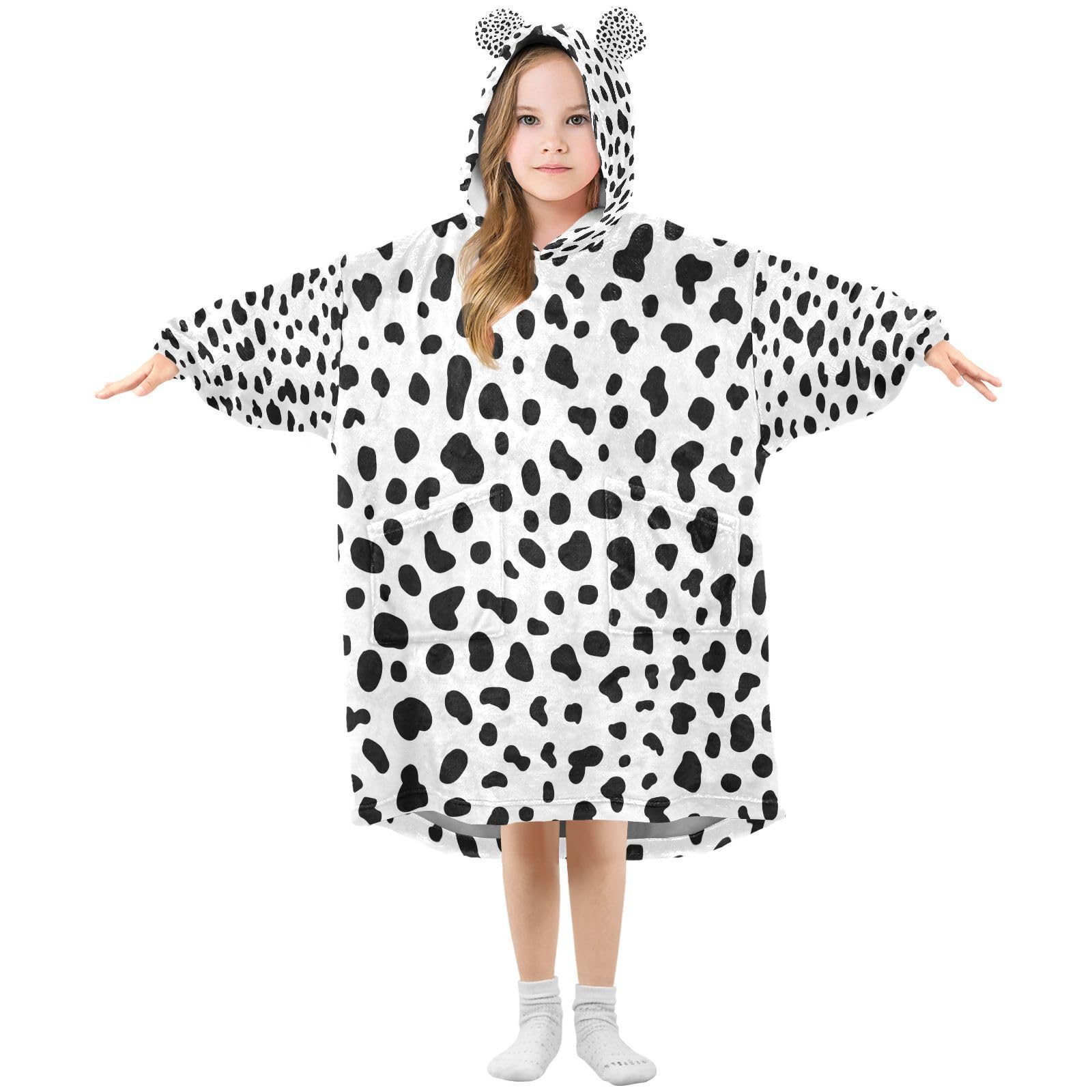 Black White Dalmatian Dog Print Wearable Blanket Hoodie Kids Oversized Flannel Blanket Sweatshirt with Large Pocket, Boy Girl Gift M