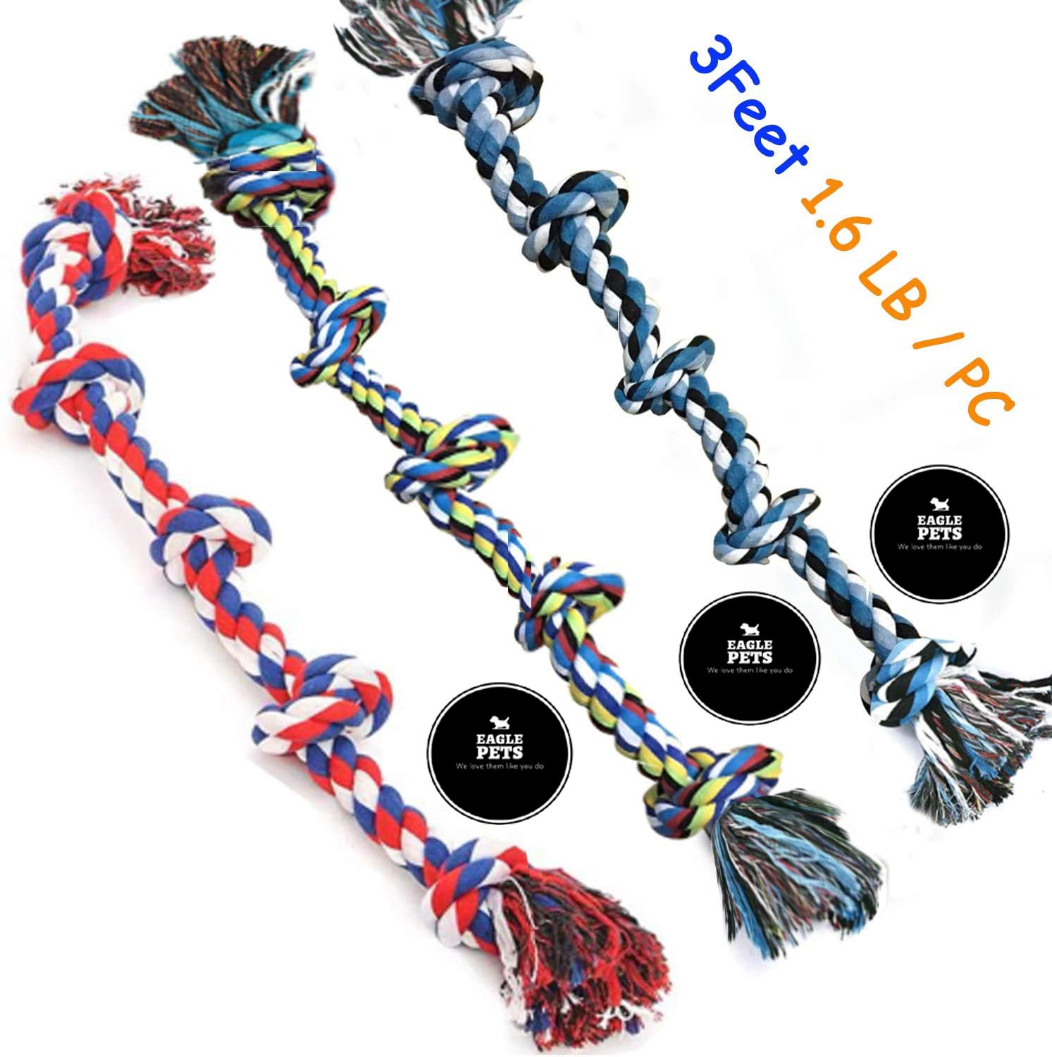 EAGLE PETS Pack of 3 Large Dog Rope Tug of War Toys 5 Knot Durable Chew Toy Pack of 3 for Aggressive Chewers (Color May Vary) (B08JJ7D4FD) Amazon Price History, Amazon Price Tracker
