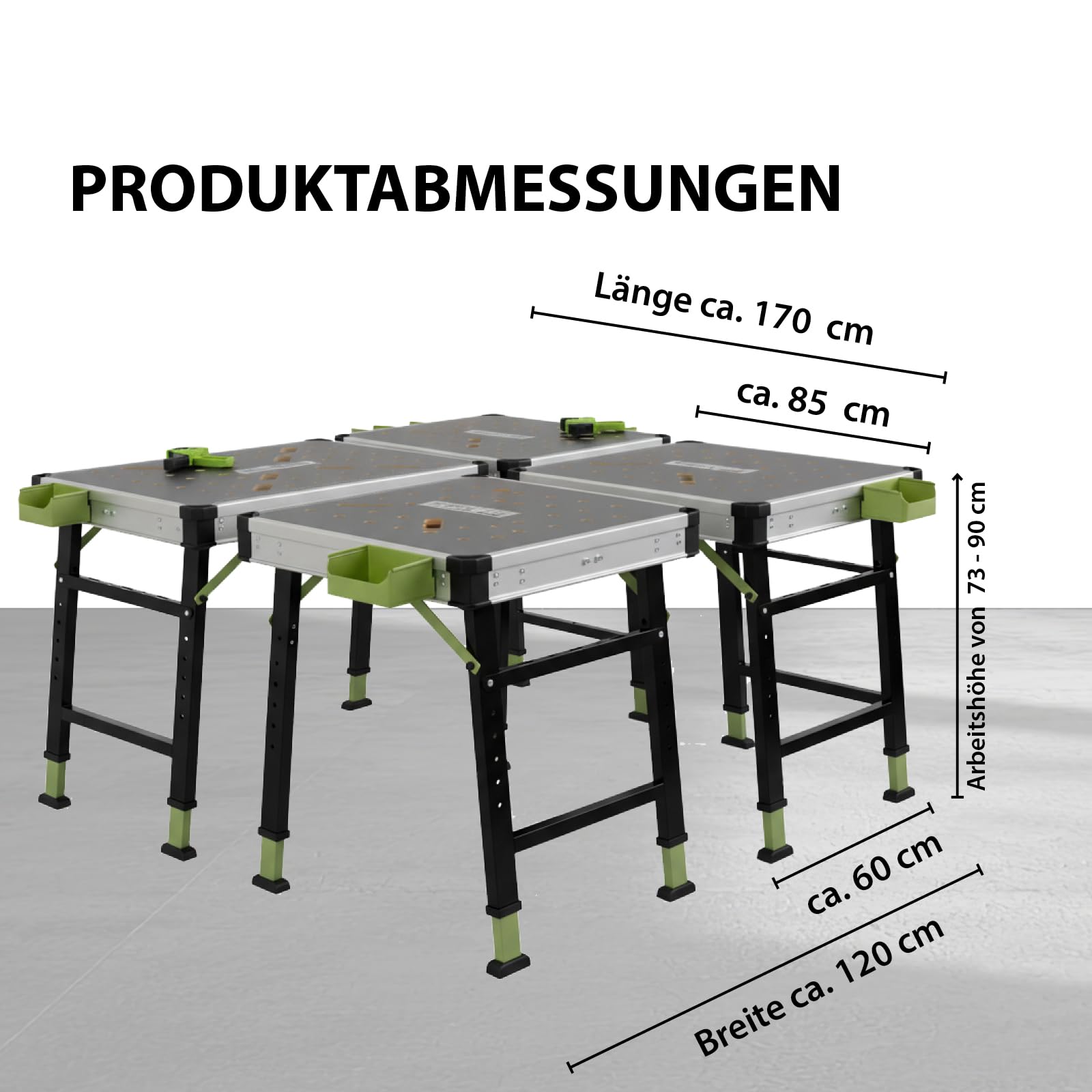 TRUTZHOLM 2 x Werkbank Multifunktionstisch Spanntisch 60 x 85 cm klappbar höhenverstellbar 73–90 cm Arbeitstisch mit Messskala, 450 Kg, 20mm Lochrastersystem, Werkzeugboxen, Schnellspannern