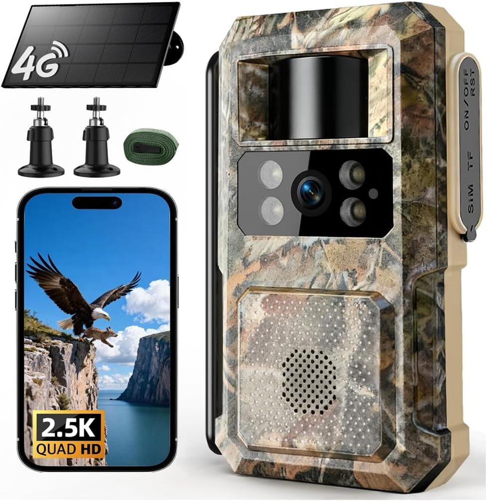 2.5K HD Solar Powered Trail Camera with Night Vision, 4G LTE Cellular Wildlife Game Camera-0.2s Trigger Time Motion Activated