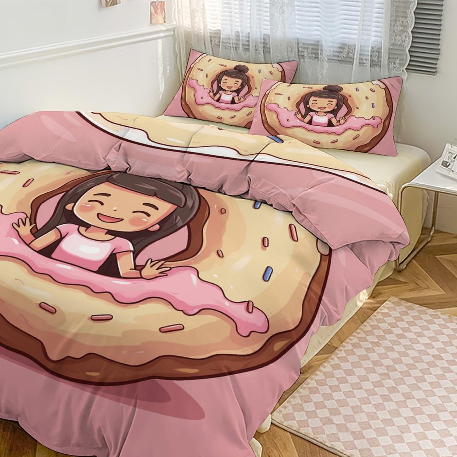 Parure de lit 3 pièces pour fille motif beignet réversible double lit 2 taies