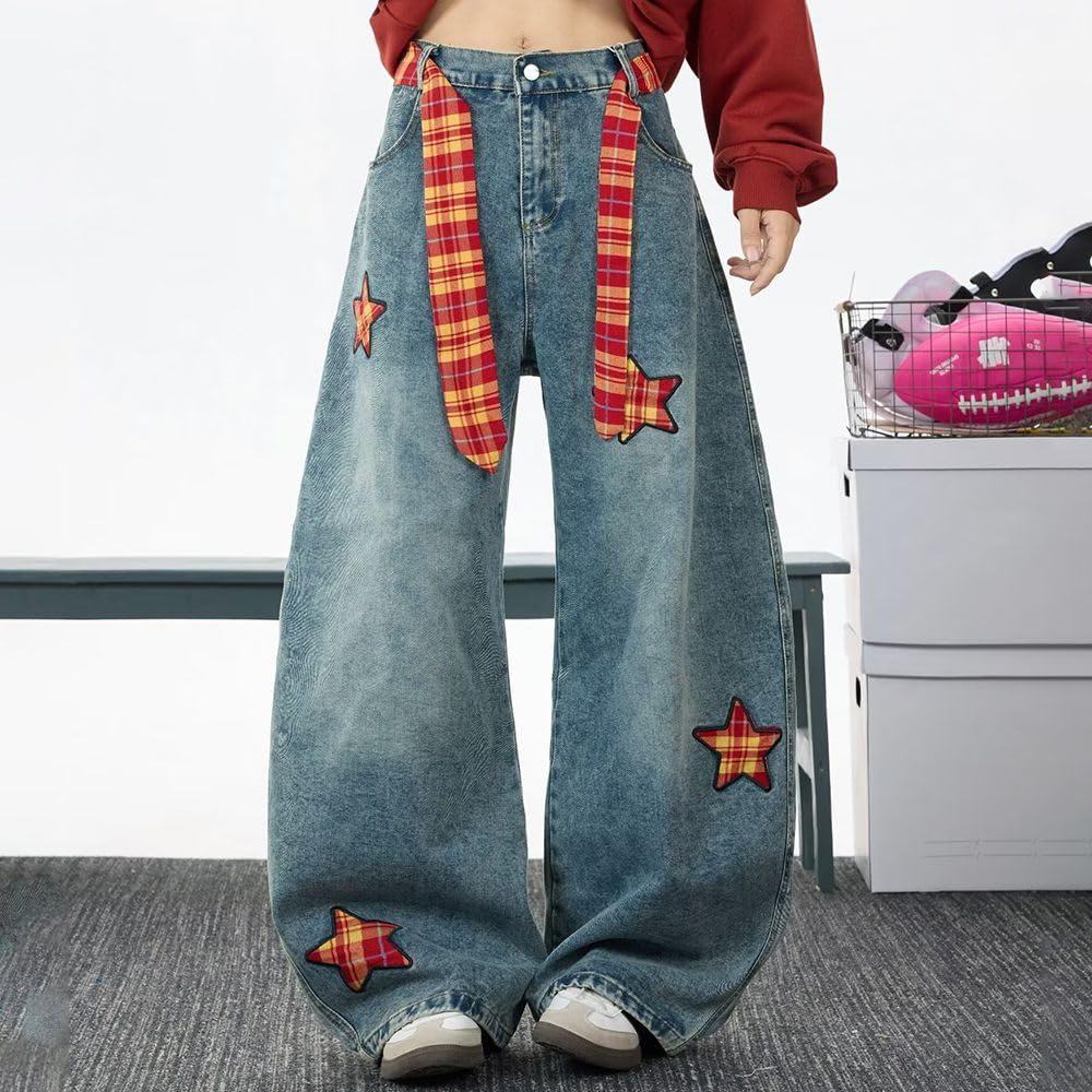 Women's High Waisted Wide Leg Baggy Washed Jeans Vintage Blue Checkered Star Patches Distressed Denim Pants - Image 2