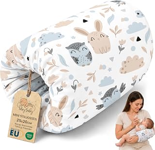 Stillkissen klein Breastfeeding und Nursing Pillow für unterwegs 20 cm - Stillmuff Armkissen und Lagerungskissen Baby Arm Still Kissen aus weicher Baumwolle Oeko-Tex Eulen Weiß