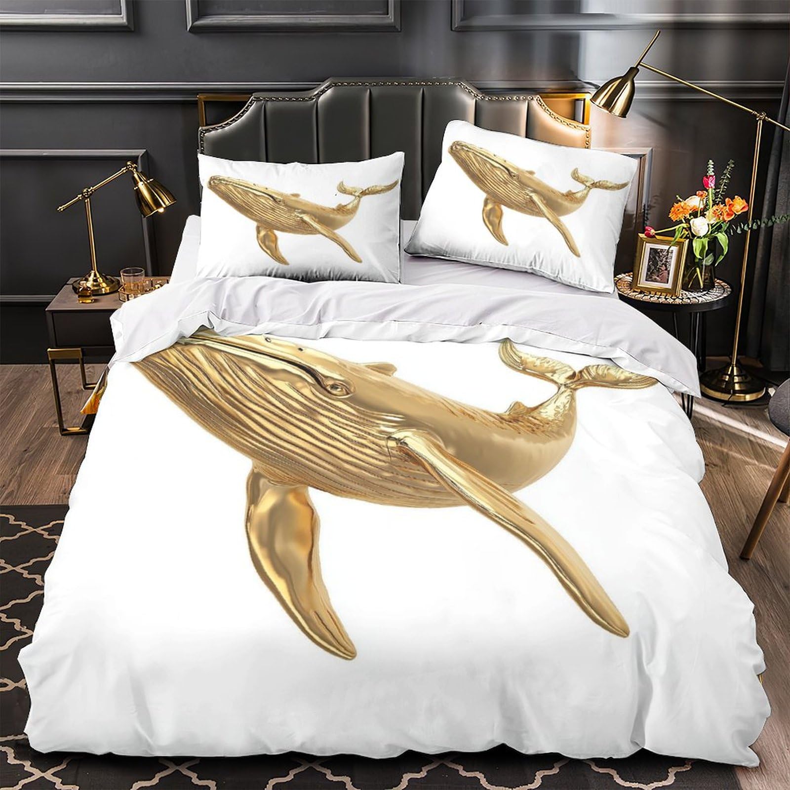 RIAVBAODG Whale 3D Print Duvet Cover Set Soft Lightweight Golden Metal Bedding Sets for Kids Teens Boys Room Decor 3 Pcs with Pillowcase Super King（260x220cm）