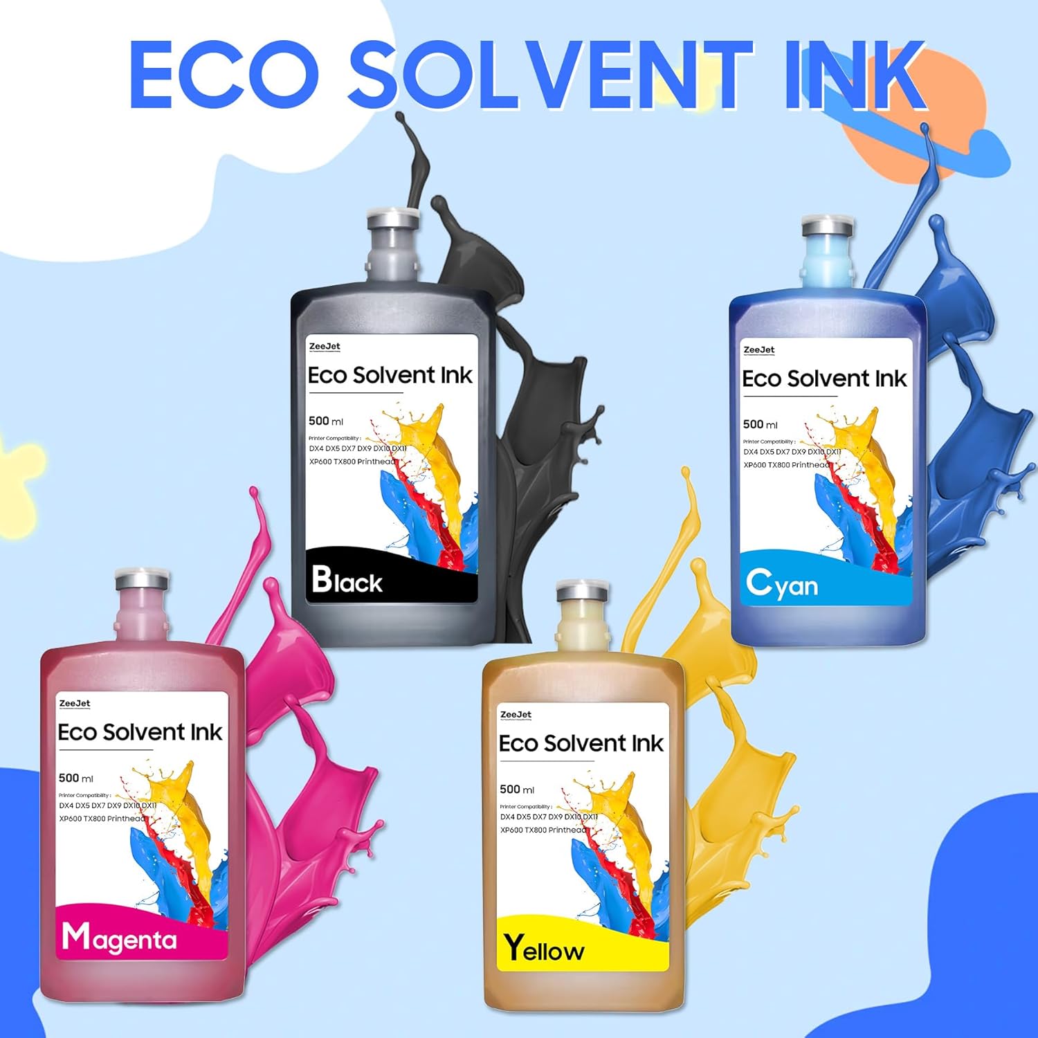 Eco Solvent Ink Refill 500ml 4-Color Set for DX4 DX5 DX7 DX9 DX10 DX11 XP600 TX800 I3200 I1600 Printhead ues for Wide Format, Grand Format Printers Mimaki, Roland, Mutoh