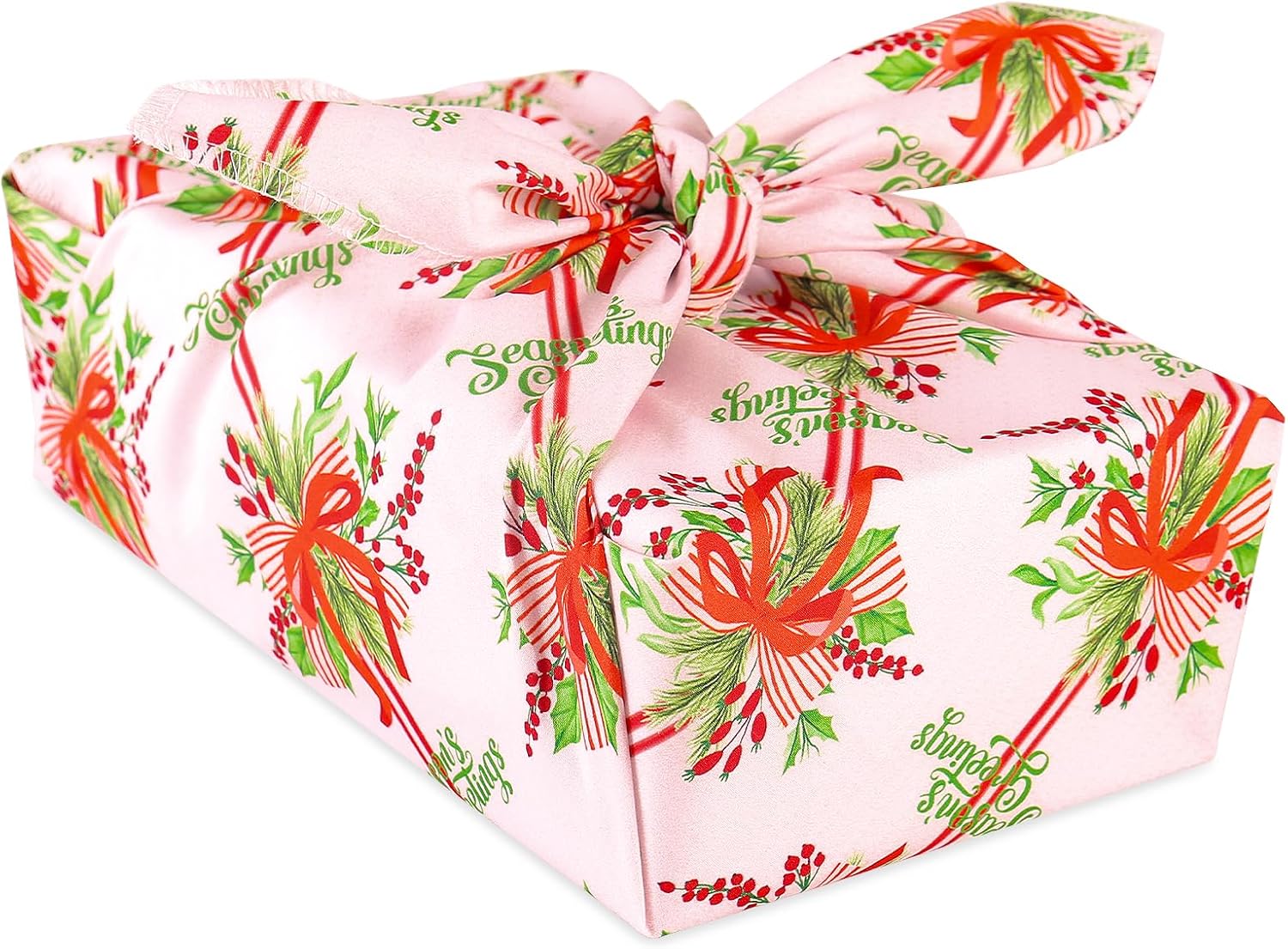 RUSPEPA 26" Reusable Christmas Cloth Wrap, 1 Fabric Wrap with Season's Greetings and Holly Bow Design on Natural Cotton, Pink Vintage Reusable Gift Wrapping for Holiday Party, Housewarming Gifts