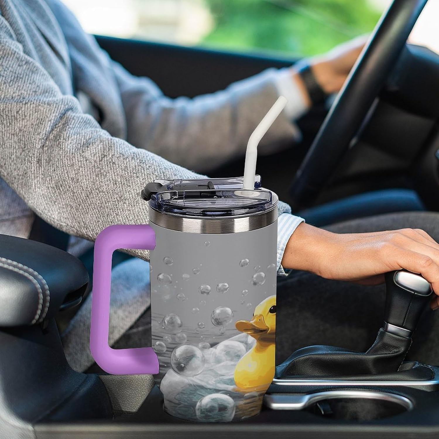 Bubble Duck Tumbler 40 Oz with Handle&Lid Large Car Cup Stainless Steel Vacuum Travel Mug Insulated Water Bottle Leak-proof Portable Coffee Cup for Home Car Outdoor