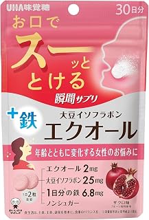 UHA味覚糖 瞬間サプリ エクオール +鉄 30日分 水なし (特許製法 瞬間崩壊錠 ザクロ味) | エクオール 2mg 大豆イソフラボン 25mg 1日分の鉄 6.8mg ノンシュガー サプリメント 女性 ゆらぎ世代 40代 50代 60代 美容 健康食品 ユーハ味覚糖 UHA