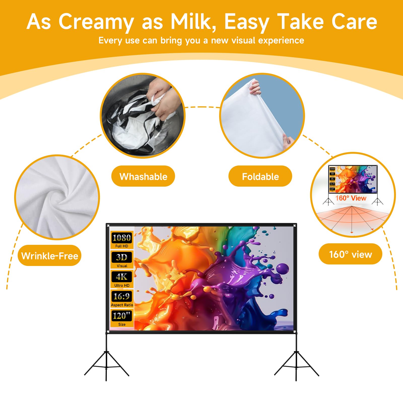 Écran de projection extérieur avec support, écran de projection pliable SCREENMAX de 120 pouces avec sac de transport portable, écran de projection 16:9 4K HD arrière sans plis pour soirée cinéma et