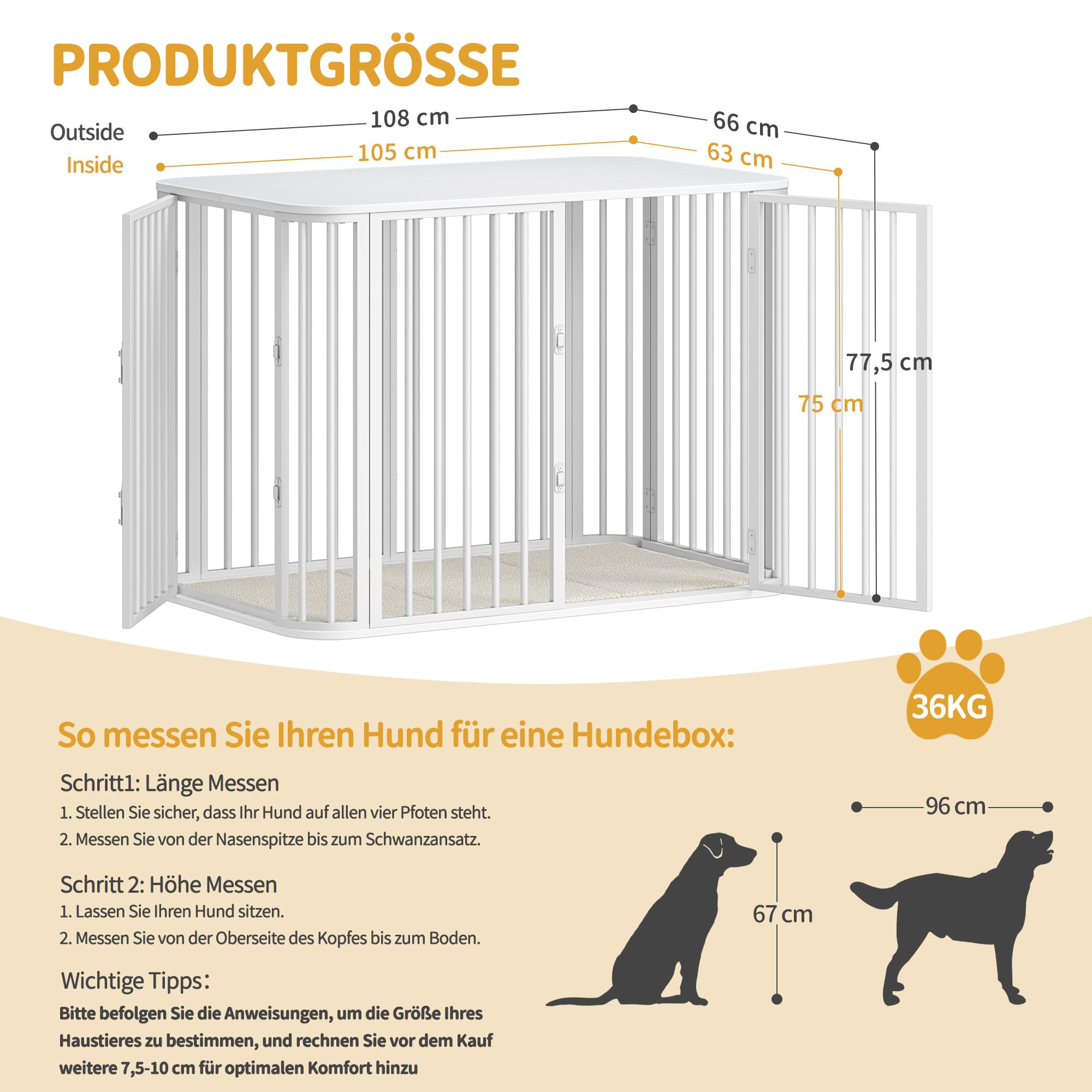 Hzuaneri Hundekäfig Möbel, Indoor Hundebox mit Kissen, Modernes Dreitür-Design, Hochbelastbar Hundekäfige, Beistelltisch aus Holz, Geeignet für Große Hunde, 108 x 66 x 77,5 cm, Weiß DFC86713W