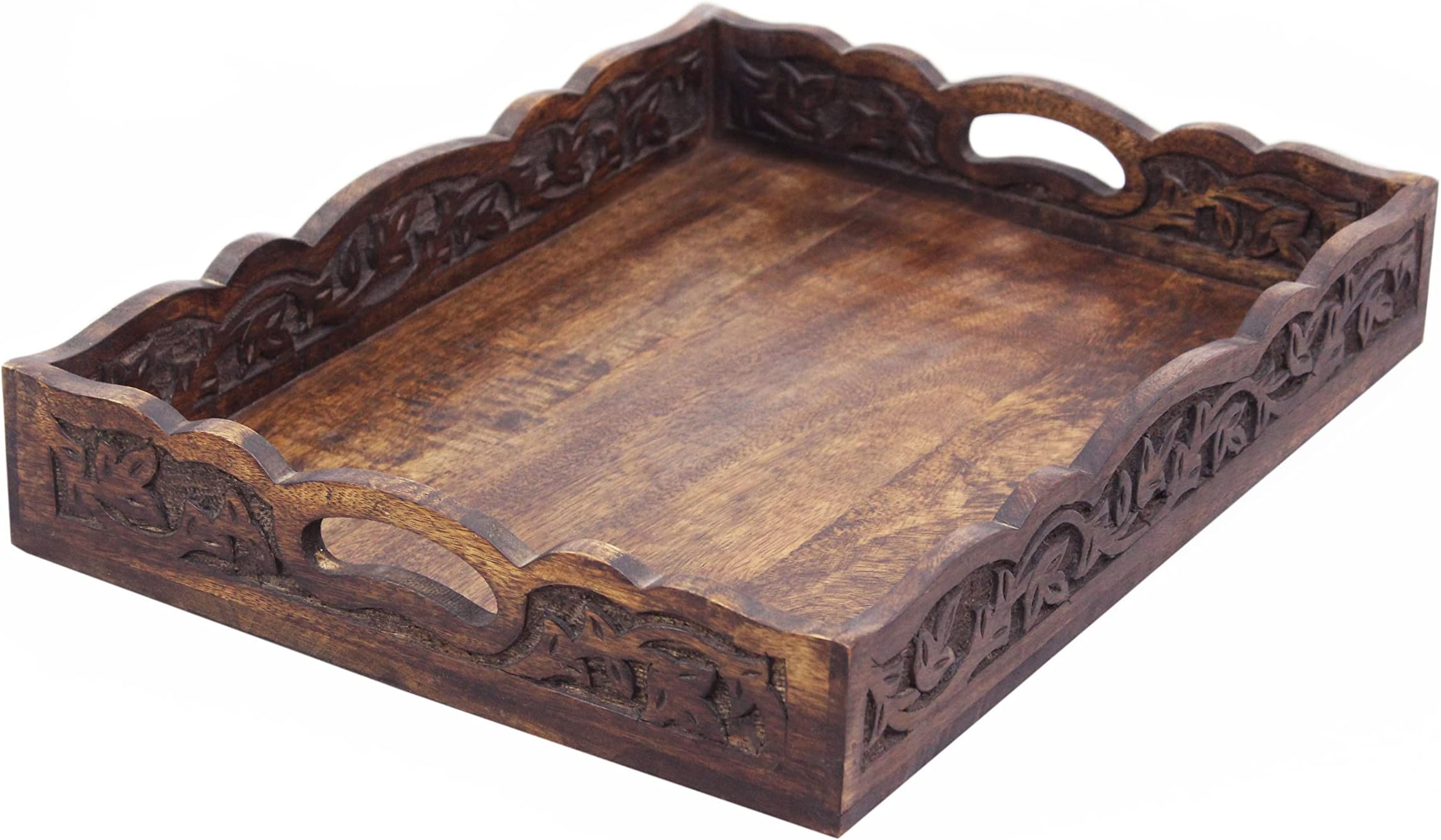Cotton Craft - Wooden Decorative Serving Tray - Natural Finish - Size: 17.5 x 13 x 2.5 Inches - Intricate Detail with Hand Carving Creates a Truly Unique Furnishing Accent