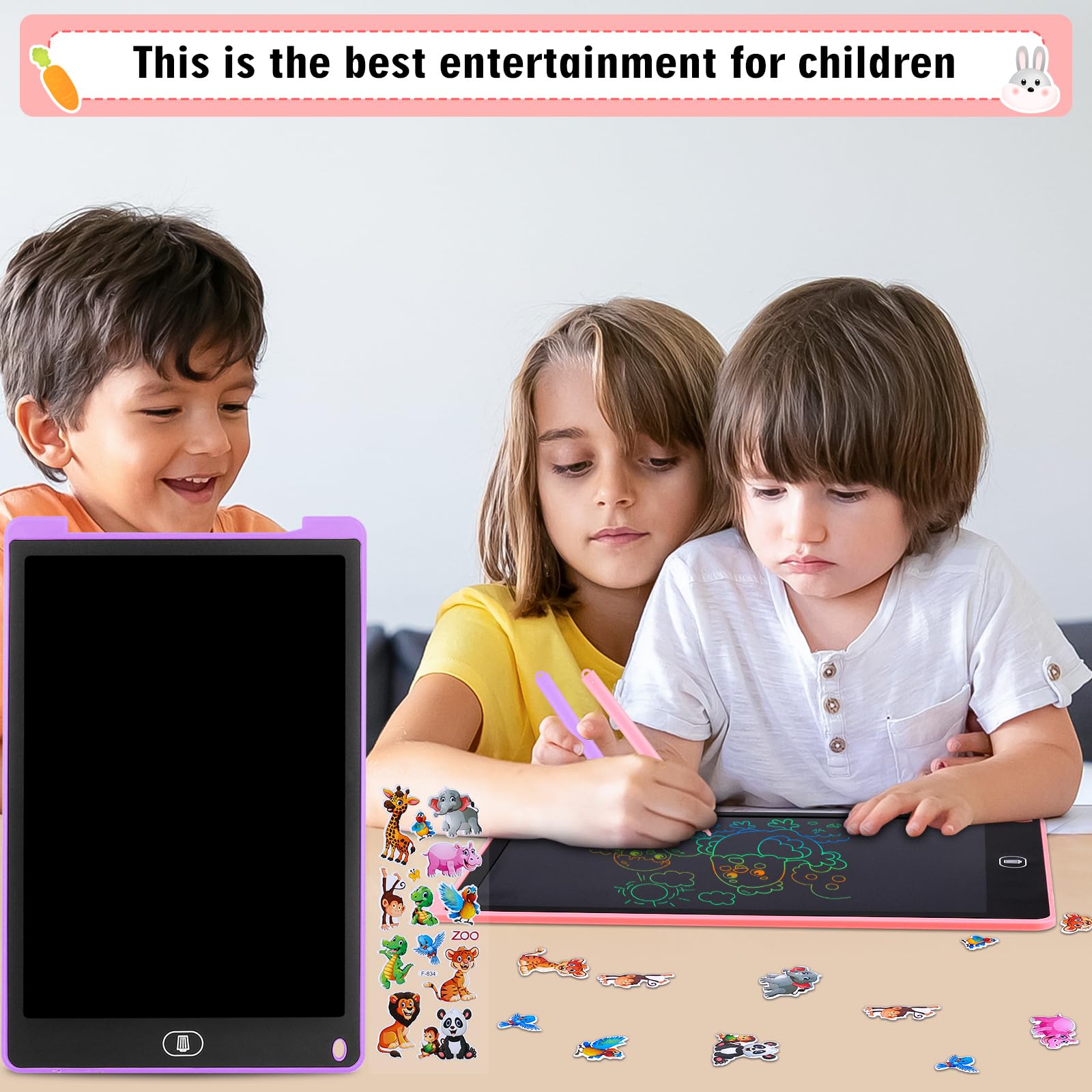 Tablette D'écriture LCD 13 Pouces Écran Coloré Effaçable avec Autocollants Animaux Rose Violet 2 Pack