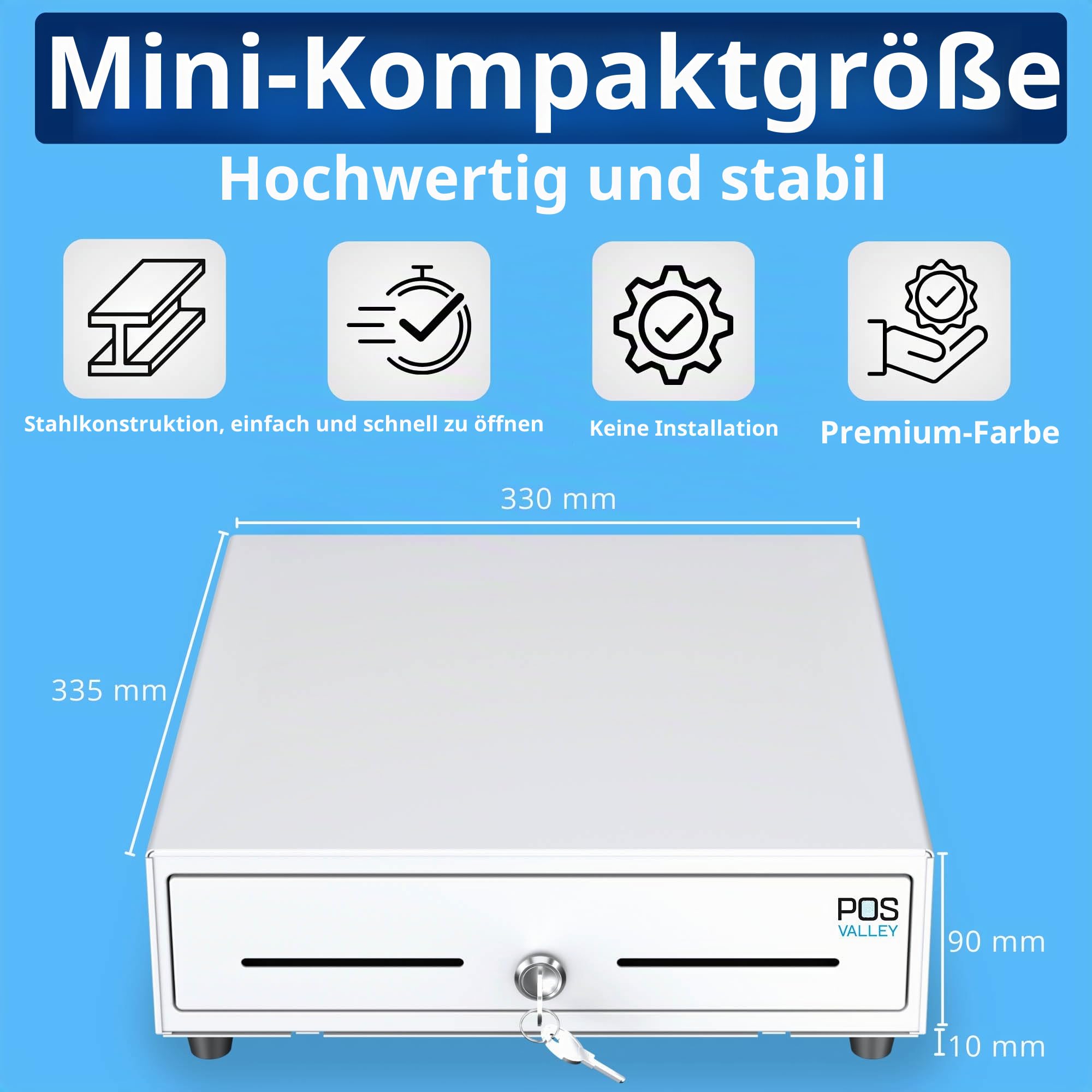 Mini-Registrierkassenschublade RJ11 automatische Öffnung Schlüssel 33 x 33 cm weiß