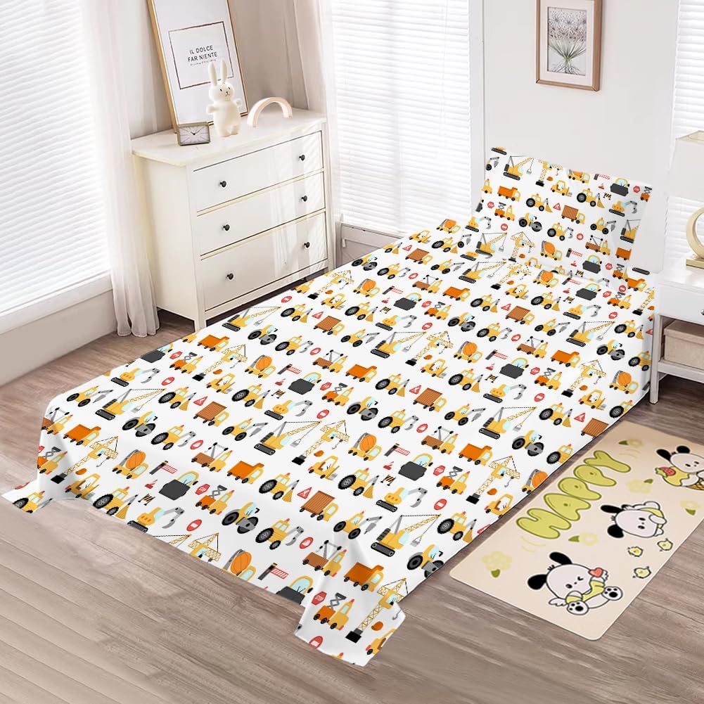 Kids Twin Sheet Set - Cute Vehicles Printed Microfiber Bed Sheets 3 Piece Deep Pocket - Cozy Breathable Toddler Bedding Set for Boys Girls Teens
