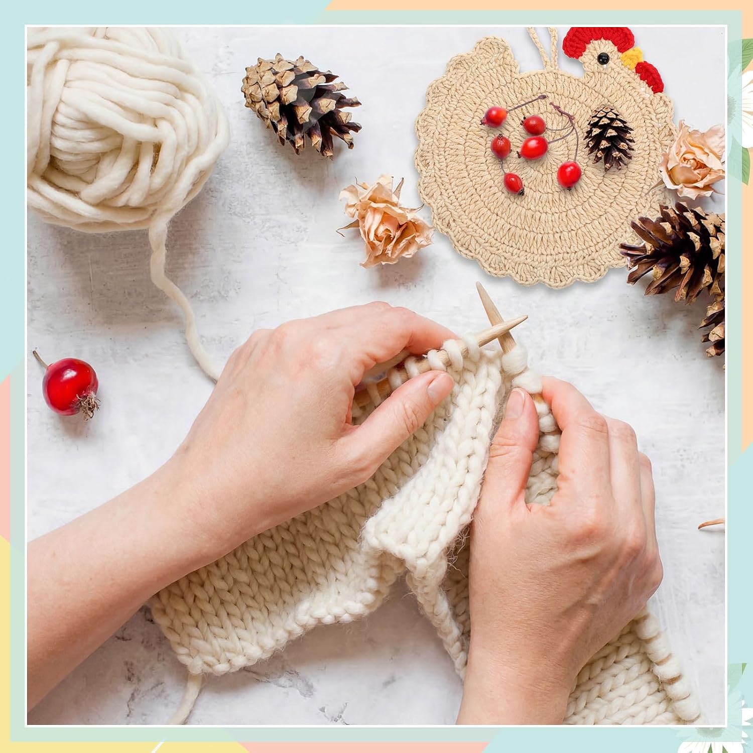 LemonRoad 6.5" x 6.8" 6 Pcs Trivets for Hot Dishes Pot Pad for Kitchen Farmhouse Pot Holder Handmade Crochet Chicken Trivets Gifts Braided Woven Coaster Protector for Lovers Housewarming(Retro Style)