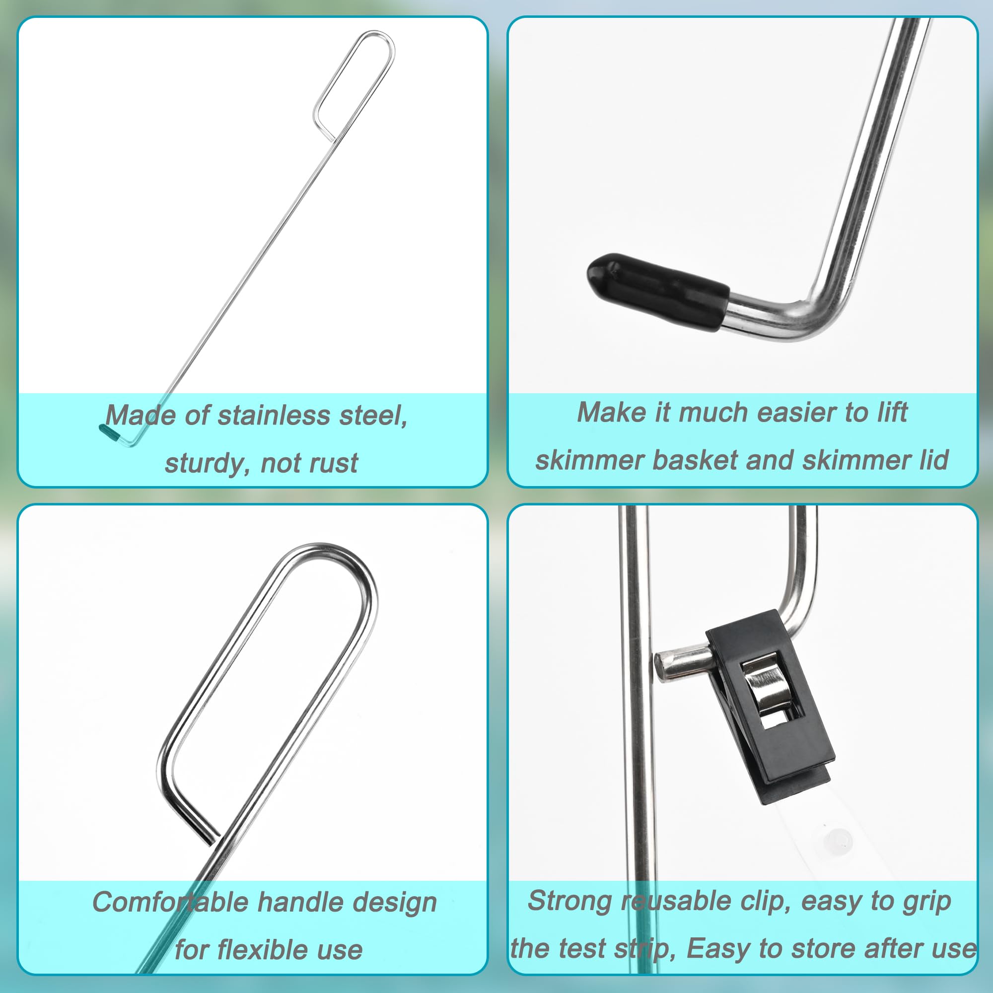 Gancho para cesta de skimmer de piscina, herramienta de mango de extracción de tapa y cesta de acero inoxidable con clips de tira de prueba de piscina para eliminación de escombros, reemplaza