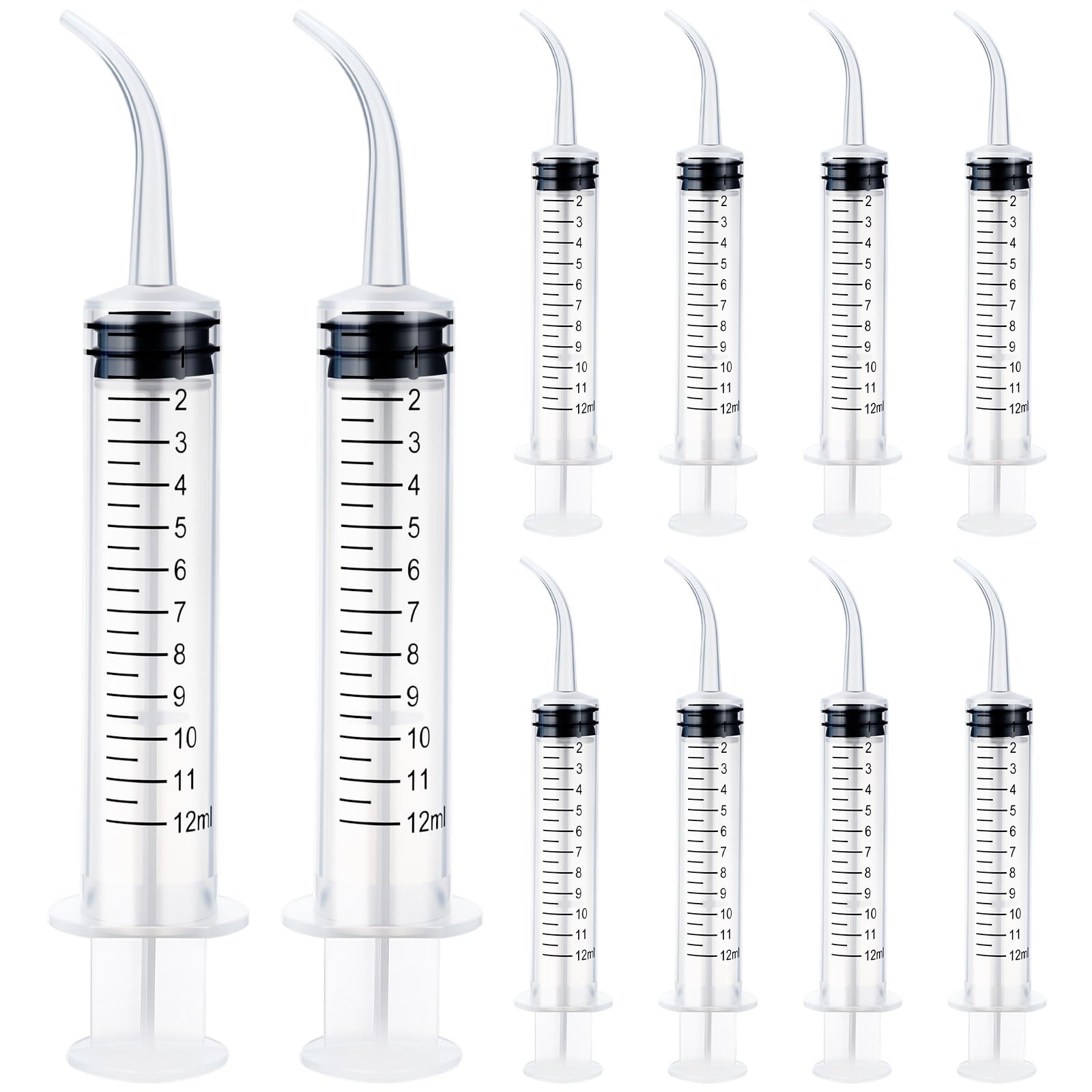 View 1 of 10 Pcs Plastic Syringes with Curved Tip, 12cc Disposable Dental Irrigation Syringe, 12ml Mouthwash Cleaner Syringes for Oral Care Pet Feeding Liquid Measurement