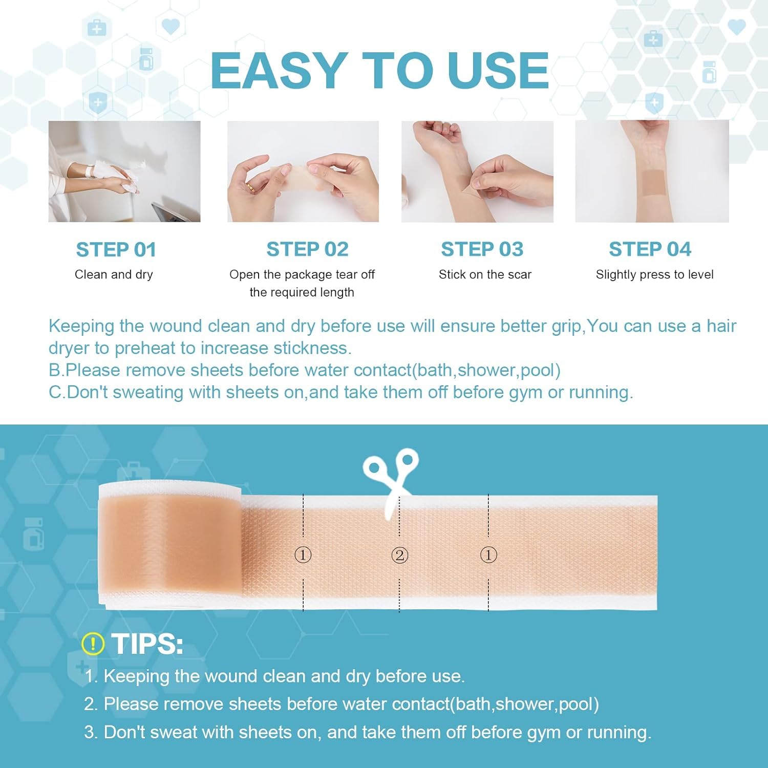 JOICE IMPEX Silicone Scar Sheets (1.6”x60”Roll-1.5M), Silicone Scar Tape, Reusable Scar Removal Sheets for C-Section, Surgery, Burn, Keloid, Acne 1