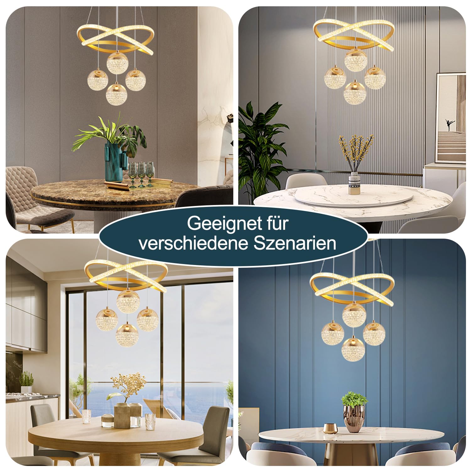 JDONG LED Pendelleuchte Kristall Hängelampe Esstisch 54W LED Hängeleuchte Gold Höhenverstellbar für Esszimmer Wohnzimmer,Dimmbar Hängeleuchte Aluminium mit Fernbedienung