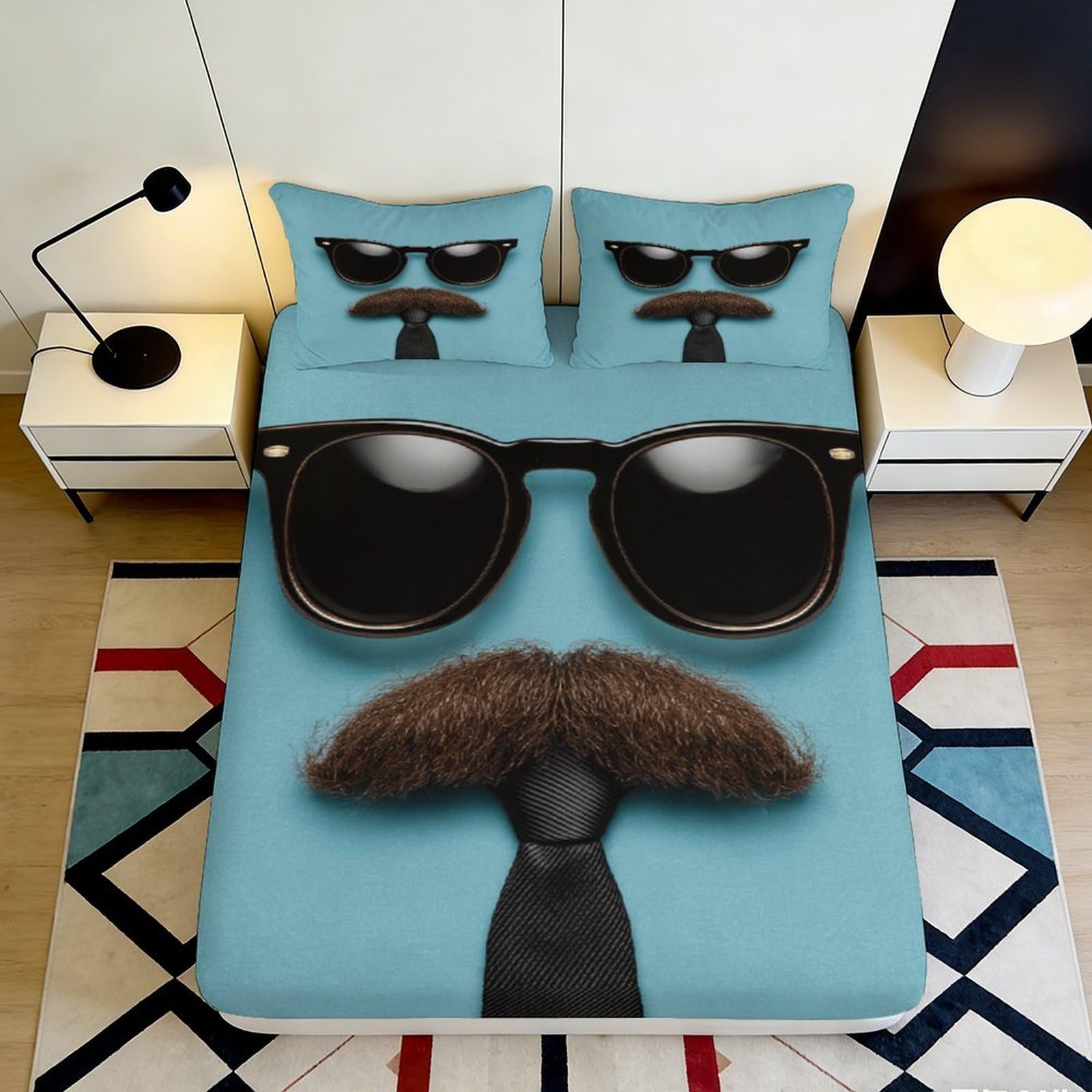 3D Printed Mustache Sunglasses Fitted Sheet Microfiber Soft Blue Bed Cover for Bedroom Guest Room Decor Mattress Protection 90x200x25cm