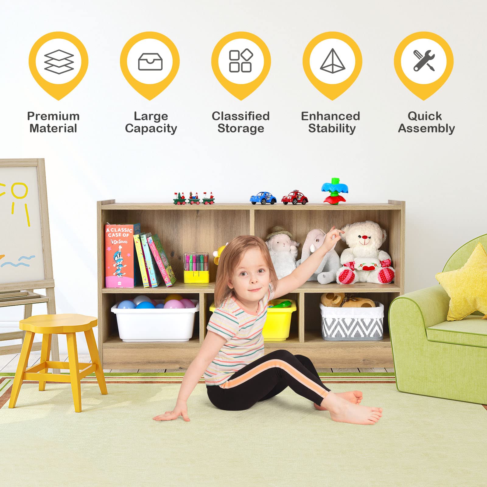 FIREFLOWERY 2 Tier Wooden Kids Toy Organizer, Book Shelf with 5 Cubicles, Toddler Book Display, Kids Bookshelf for Playrooms, Classroom, Nursery, Hallway