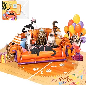 Pop up Birthday Card with Envelope & Blank Note, Sofa Cat