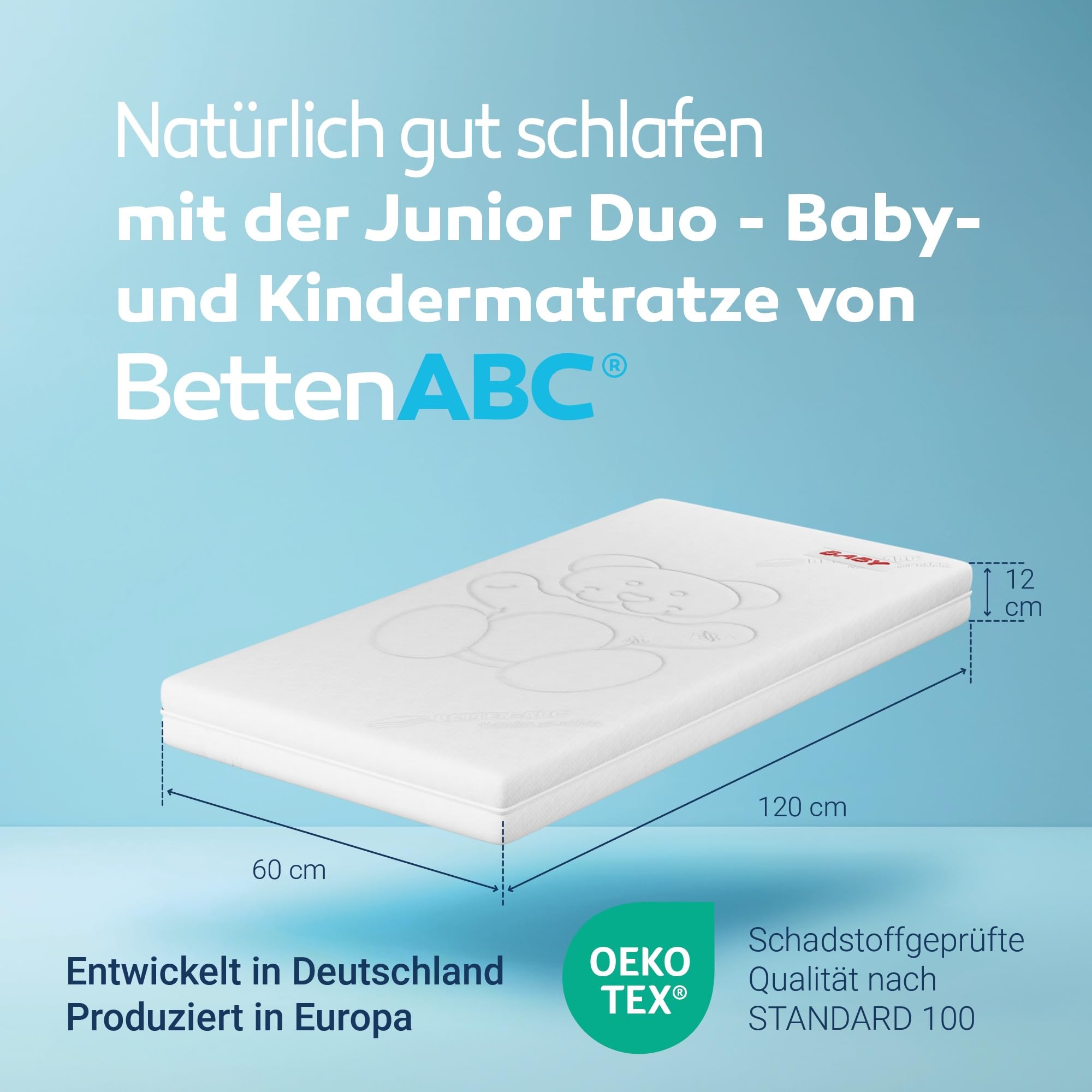 Betten-ABC - Junior Duo - Wendematratze für Babys & Kleinkinder - 60x120 cm - mit Rundum-Trittkante & 2 Seiten - Oeko-TEX-Zertifiziert - Abnehmbarer & waschbarer Aloe Vera-Bezug - Lieferung per Paket
