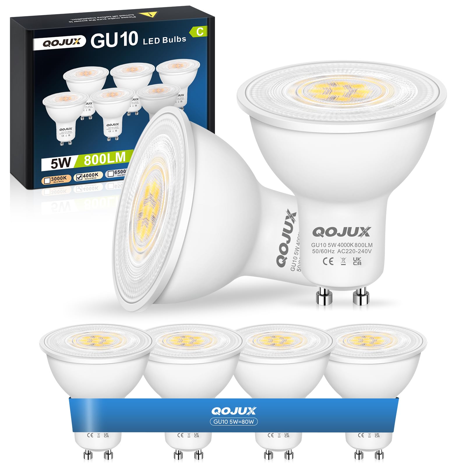 QOJUX GU10 LED Neutralweiß, 5W 800LM Energieeffizienzklasse C LED Glühbirne, 80W Halogen Leuchtmittel Ersetzt, 38° Abstrahlwinkel 4000K Neutralweiss GU10 Energiesparlampe, Nicht Dimmbar, 6 Stück