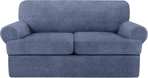 Miniatura 14 de Fundas para sofá de 3 piezas con cojines en forma de T, funda elástica para sofá, fundas para muebles con 2 fundas individuales para cojines en Azul