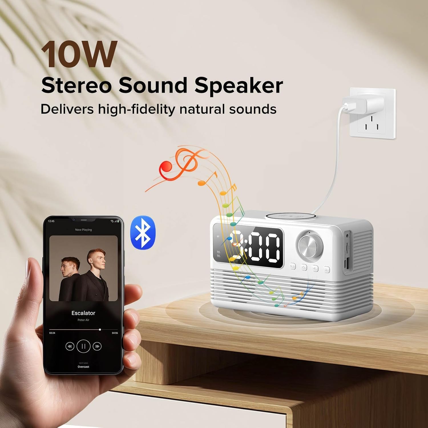 Chargeur sans fil rapide 15 W avec haut-parleur Bluetooth et radio-réveil, station de charge sans fil 4 en 1 pour iPhone, téléphones Android avec radio FM pour chambre à coucher