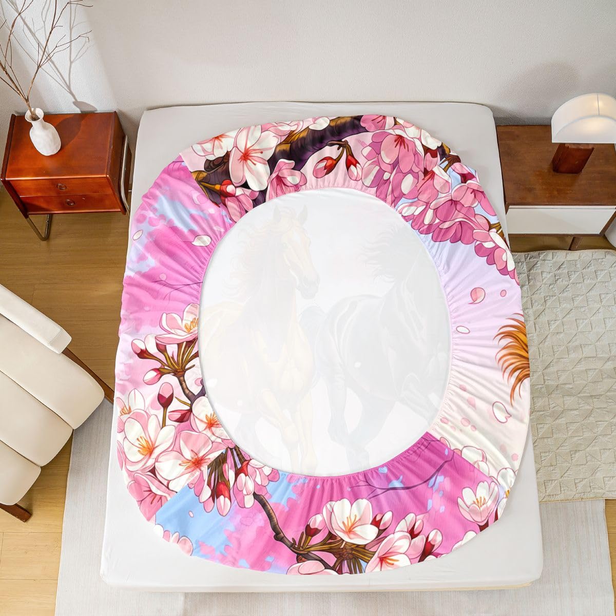 Homemissing Sábana bajera ajustable con 2 fundas de almohada, tamaño King, diseño de caballo galopante, con bolsillo profundo de 16 pulgadas de profundidad, ropa de cama de caballo para niños, niñas