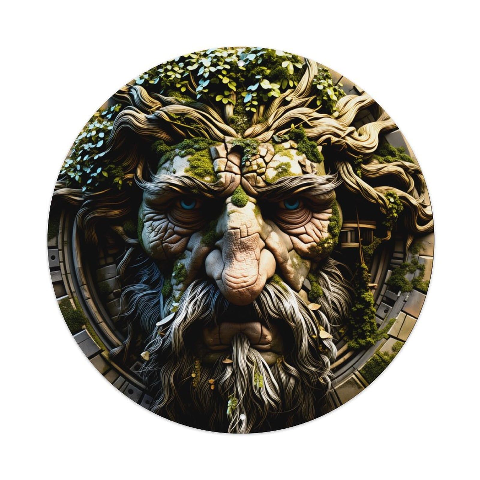 Tree Face Nature Spirit Ancient Wood Guardian Green Leaves Beard Round Tin Sign Retro Metal Sign for Cafe Bar Pub Home Wall Decor Metal Poster 8x8 Inch
