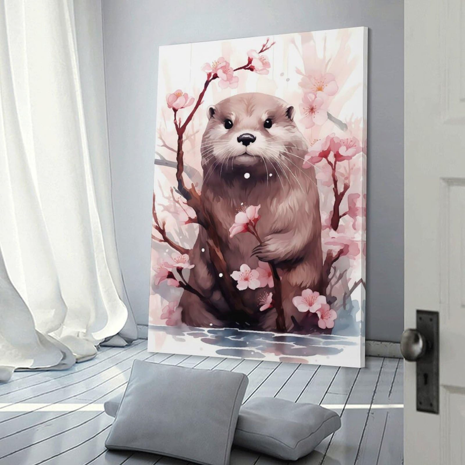 Junmoney Cherry Blossom Otter Hanging Wall Art, 20x30inch(50x75cm), for Gallery Wall Decor And Room Displays, Home Wall Art for Statement Displays