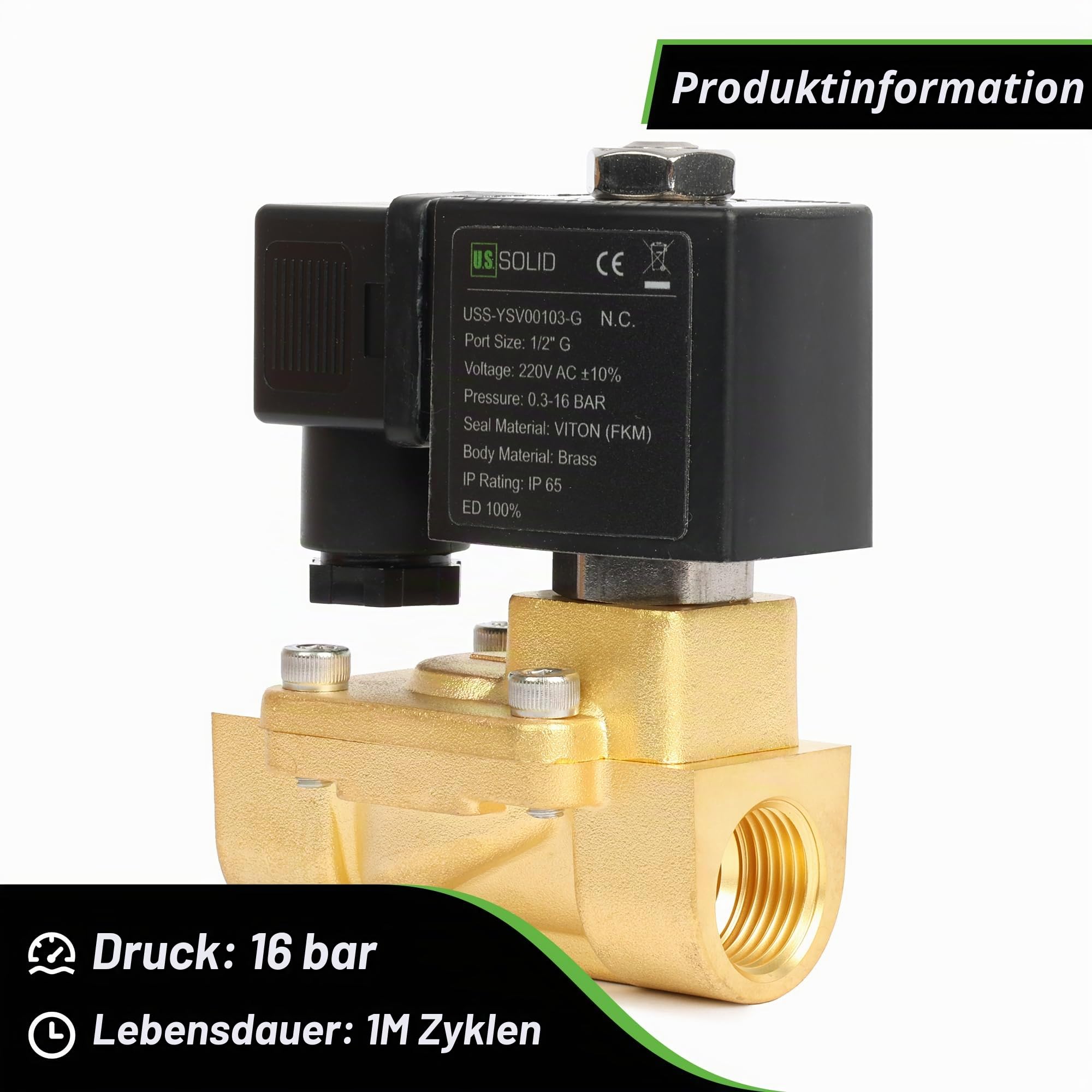 U.S. Solid Magnetventil Messing 1/2" 230V AC, 0,3-16 bar, stromlos geschlossen, VITON-Dichtung, G-Gewinde - Pilotgesteuert