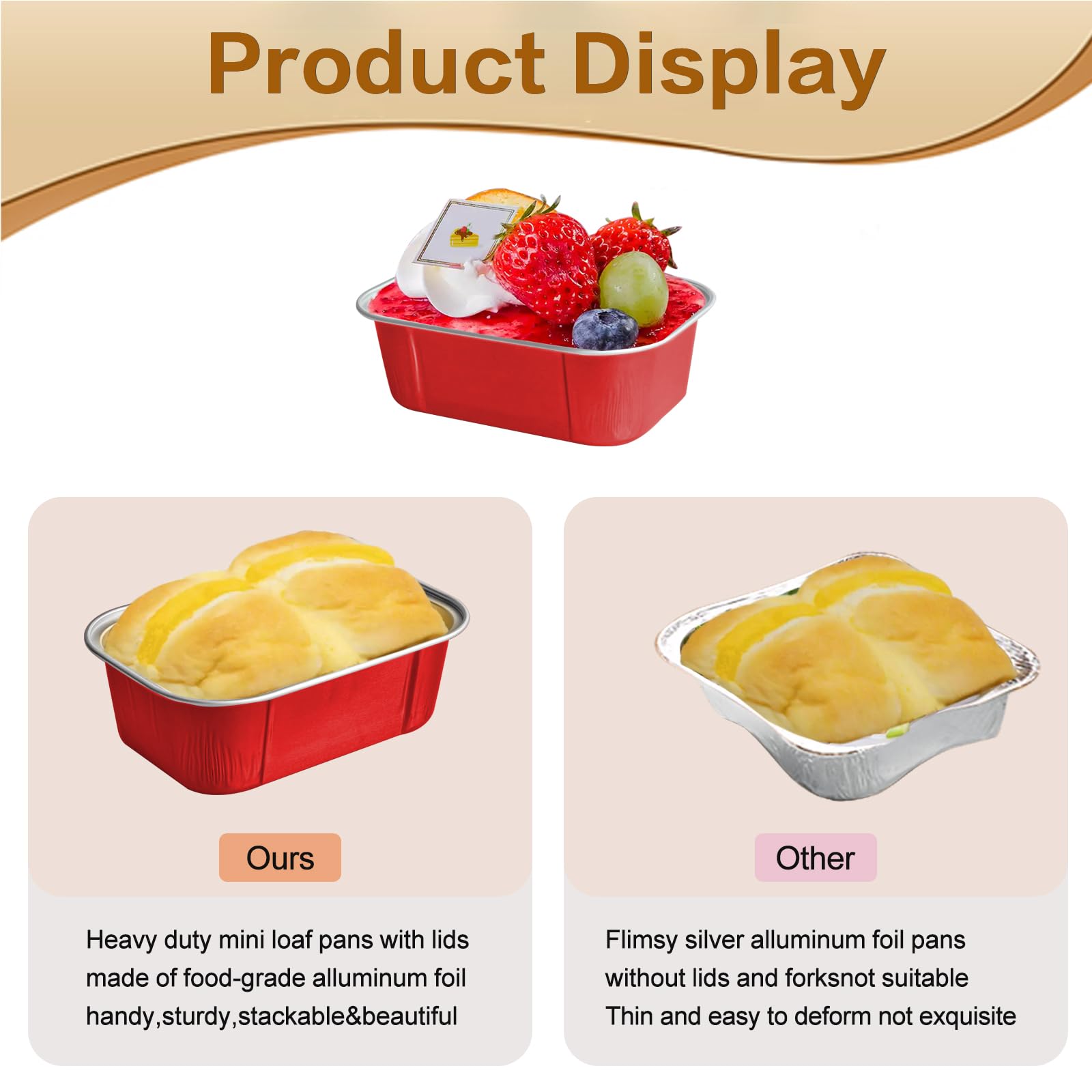 Mini moldes para tartas con tapas y cucharas, rectangulares de 5.5 onzas, mini moldes individuales desechables de papel de aluminio para hornear (200 unidades, rojo)