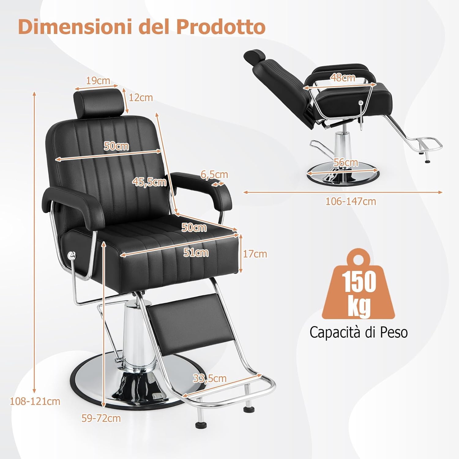 Detailed product dimensions of the RELAX4LIFE Barber Chair, including height, width, depth, and a 150 kg weight capacity.