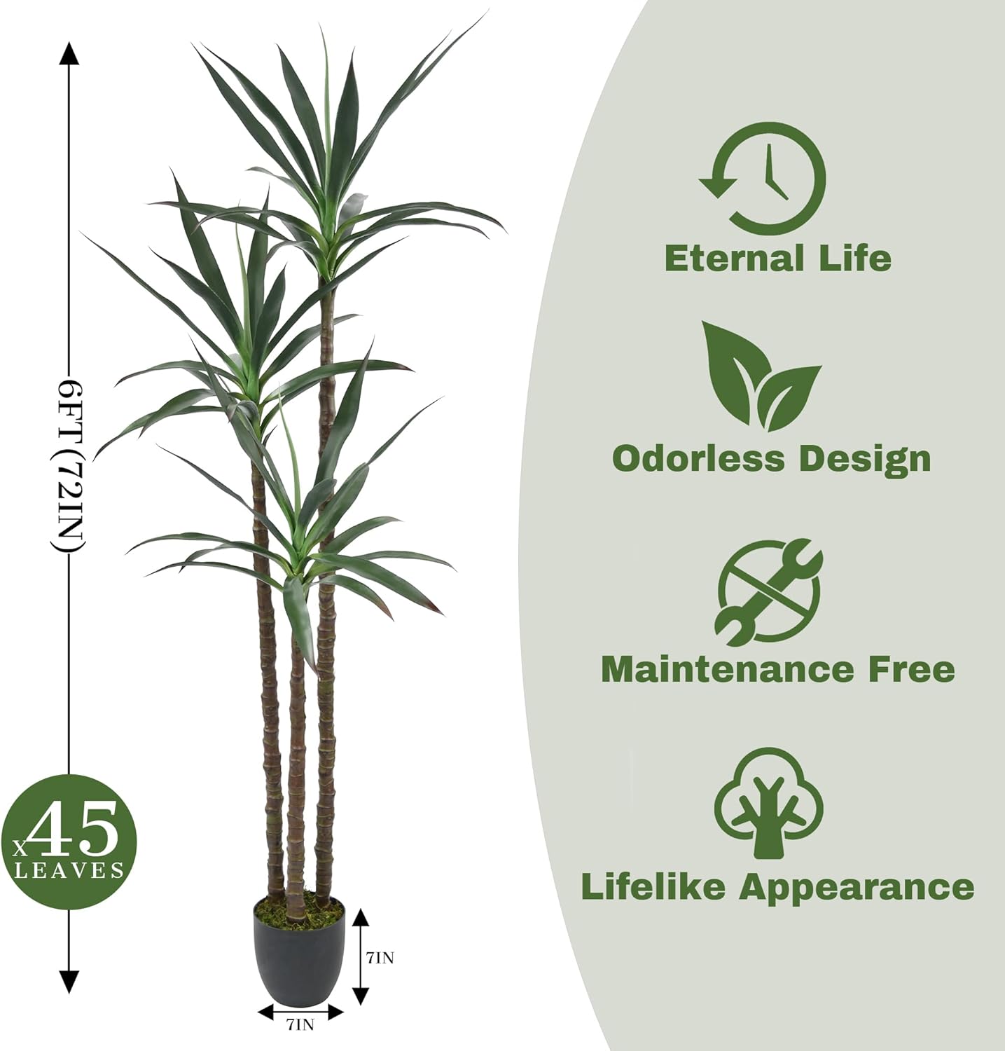 Artificial Tree 6ft Faux Agave Plant with 45 Leaves and 3 Realistic Trunks,Fake Floor Potted Artificial Tall Plants for Home Office Garden Decor Indoor (6Feet,1Pack)