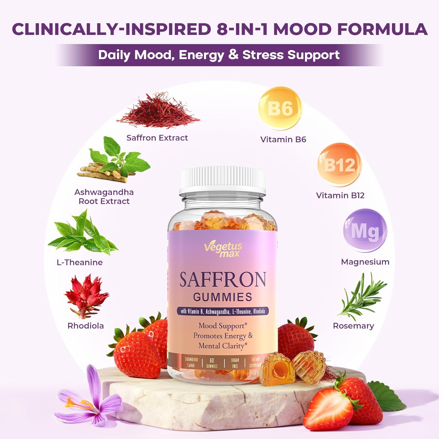 2 Pack Saffron Supplements Gummies, 88.5mg Pure Saffron Extract with Ashwagandha L-Theanine Rhodiola Rosemary Magnesium Vitamin B6 B12 for Mood Focus Support Adults Kids