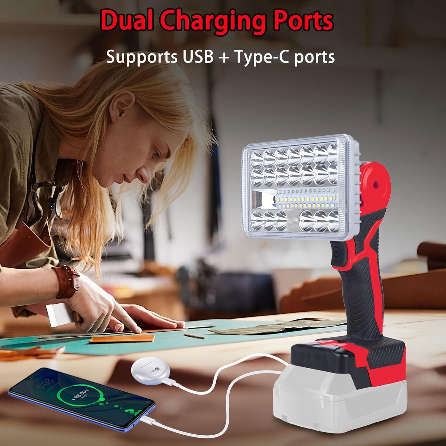 Cordless LED Work Light Compatible with Milwaukee M18 18V Battery, Portable Flashlight Lamp with Charging Phone for Auto Repair Industrial & Emergency Use (Tool Only, Not Made by Milwaukee)