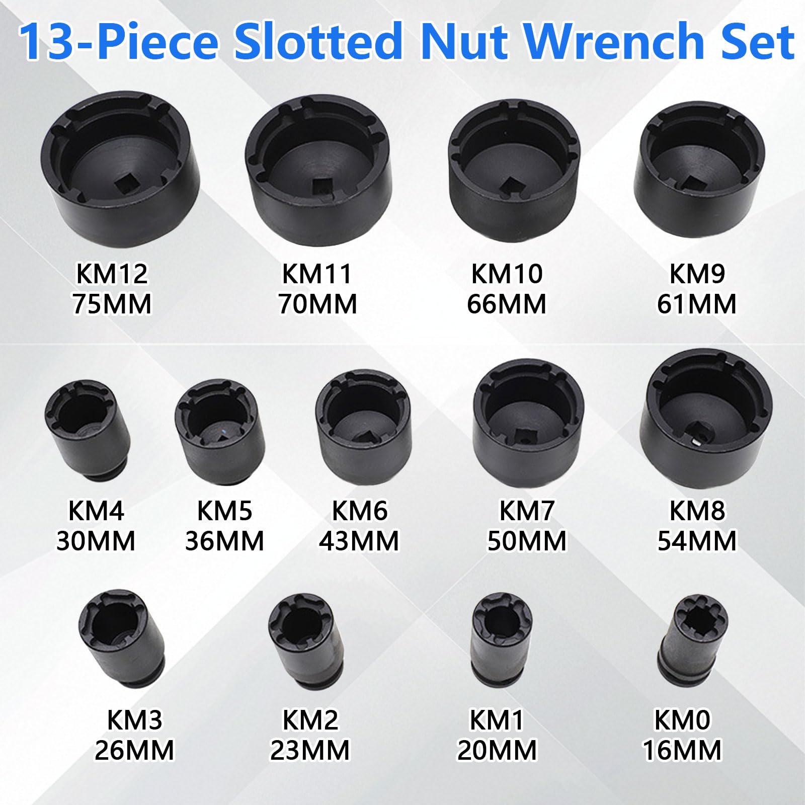 13-częściowy zestaw nakrętek nasadowych 1/2" | 60 mm długości, 18-80 mm czopy wewnętrzne, gniazdo piasty do KM, KML, HM, HML, HMLL nakrętki zabezpieczające