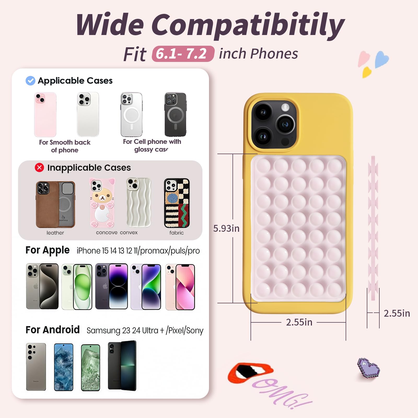 Paquete de 4 fundas de silicona con ventosa de doble cara, agarre adhesivo para teléfono celular, accesorios de teléfono manos libres para selfies y videos, transparente, rosa, negro y blanco