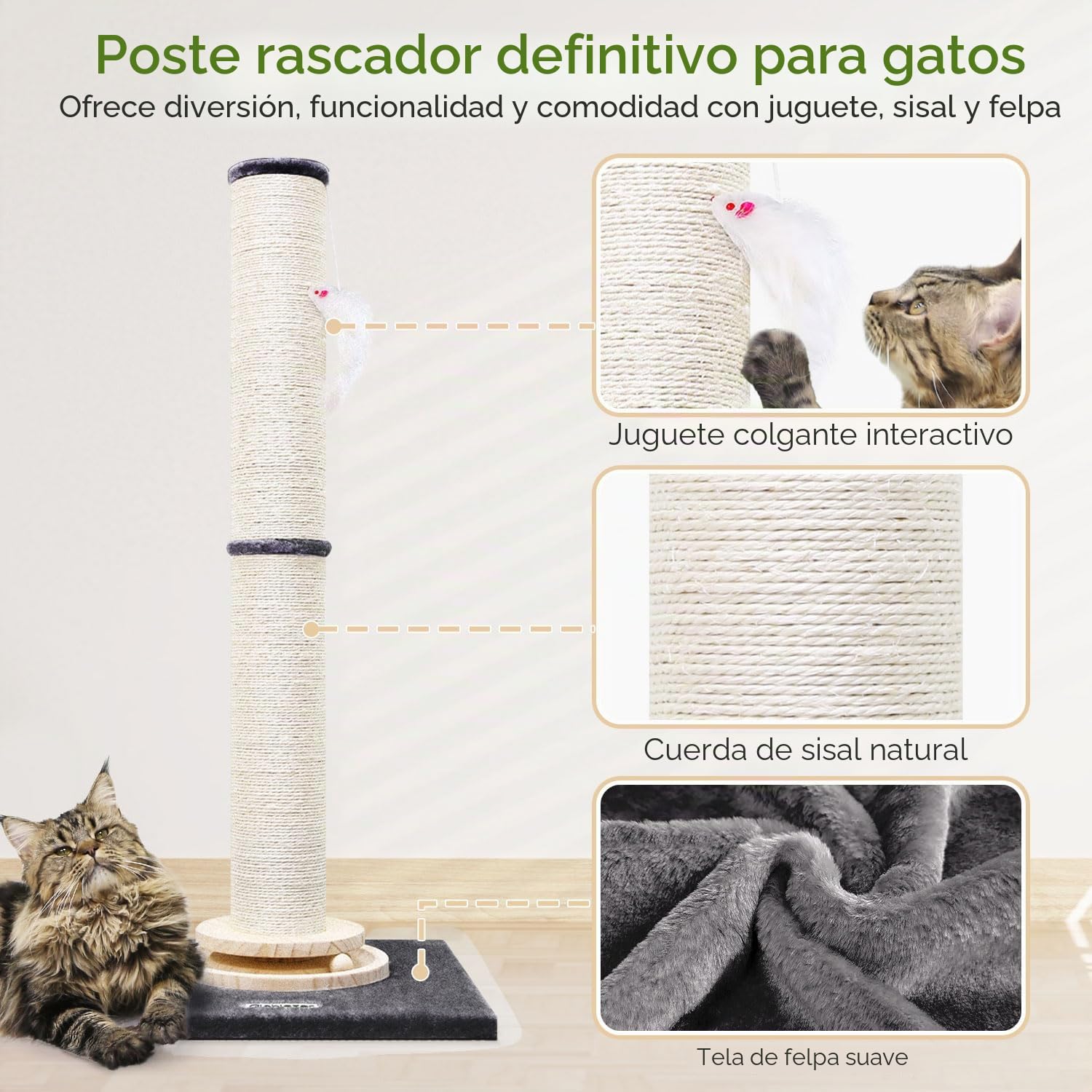 Globlazer Postes Rascadores XXL Alto 90 cm & 50 cm Ajustable 2 en 1 con Trackball Madera Felpa Gato Juguete Grande Base Poste Sisal, Rascador XXL para Gatos Grandes Interior (SC35, Gris Oscuro)