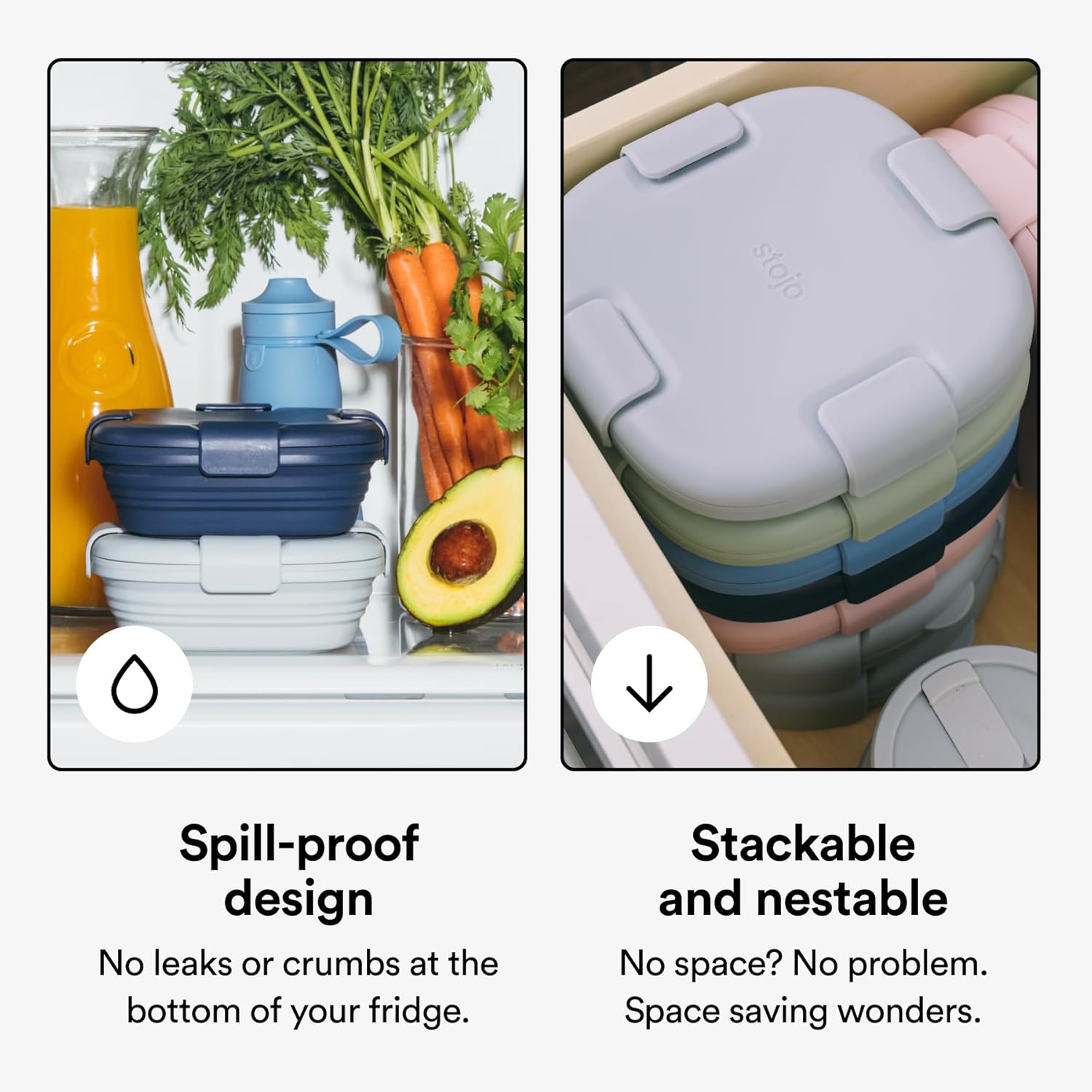 STOJO Collapsible Sandwich Box – 24oz, Reusable Food Storage Container, Silicone Bowl for Hot/Cold Food – Meal Prep, Lunch, Camping, Hiking – Dishwasher Safe (Translucent Denim, Set of 3)