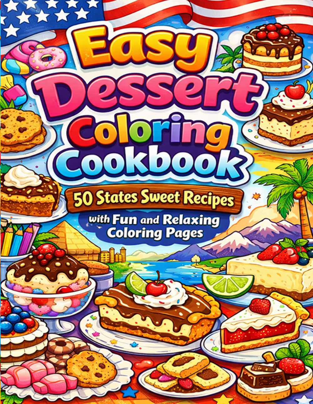 Easy Dessert Coloring Cookbook: 50 States Sweet Recipes with Fun and Relaxing Coloring Pages: Color and cook your way across America with simple ... designs for beginners teens and adults