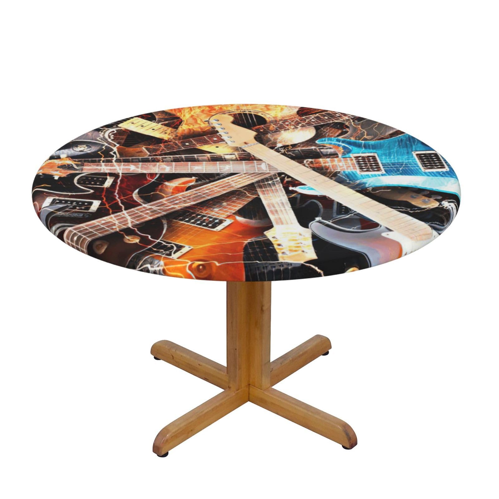 DUWAA Music Guitar Print Oxford Fitted Table Cover For Patio Picnic, Waterproof Round Tablecloth For Home And Outdoor