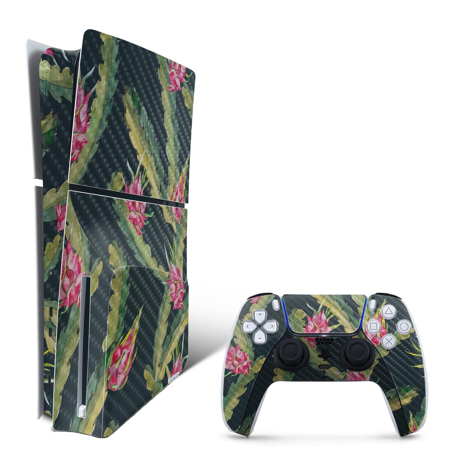 Carbon Fiber Gaming Skin Compatible with PlayStation 5 Slim Disk Edition Combo with Controller - Dragonfruit - Premium 3M Vinyl Protective Wrap Decal Cover | Crafted in The USA by MightySkins
