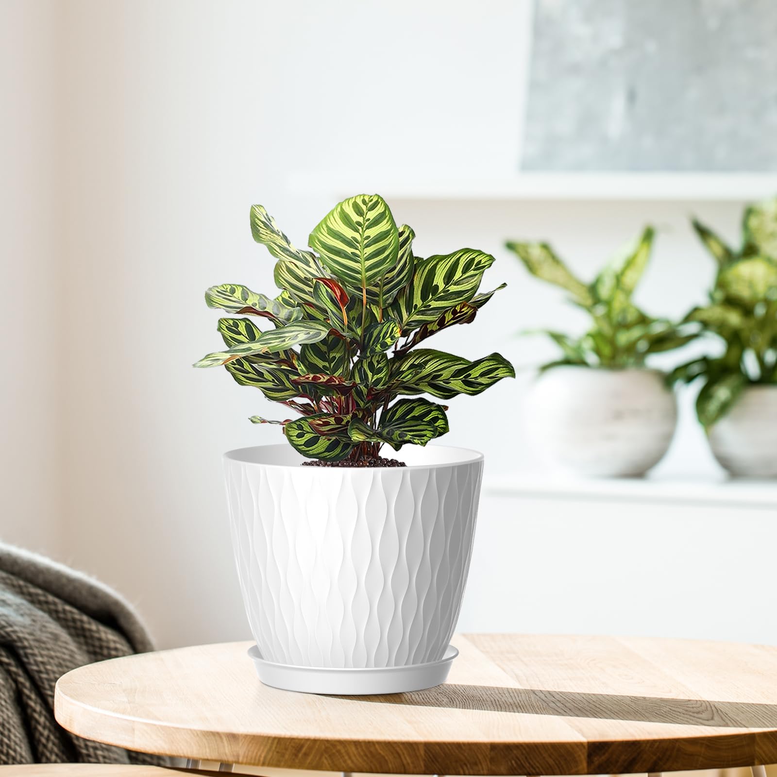 Homeuouz Plastic Plant Pots Indoor, 5 Pack 15cm Stripe Grooves Flower Pots with Drainage Holes and Tray - Image 3