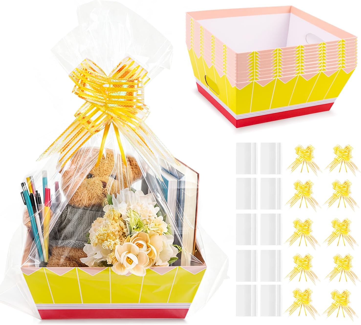 Orchidleaf 10 Pcs Back to School Gift Baskets Empty, Pencil Paper Box with Handle 10 x 8'' Teacher Appreciation Gift Baskets, Graduation End of Year Gift Bags with Ribbon and Gift Bag